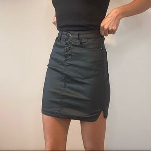 Black Leather-Look Button Up Skirt